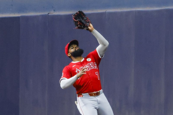 Baseball bounces off head of Angels' Jo Adell for Rockies home run